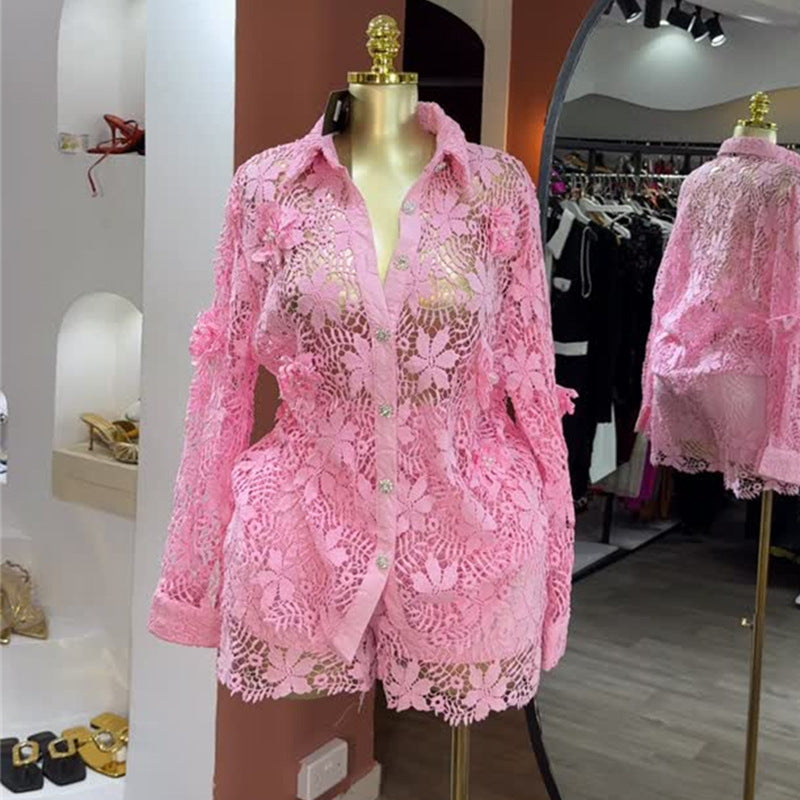 European and american cross-border women's fashion:  autumn new collection - stylish lace collar long sleeve blouse and wide leg shorts casual set