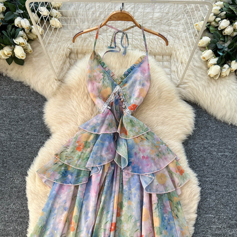 Stunning romantic v-neck floral sundress - dye-sublimated dopamine dress with ruffle hem, perfect for vacation
