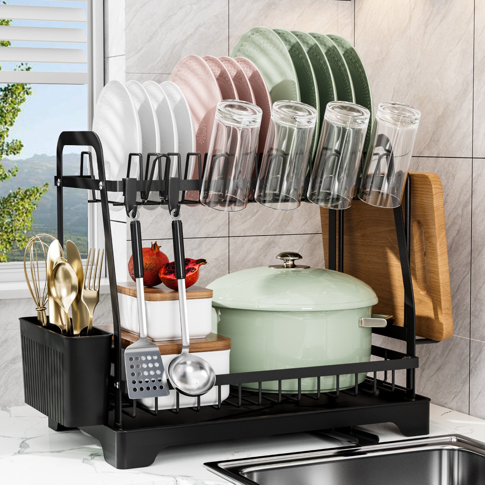 Cross-border multi-functional dishes drain rack kitchen water cup dish storage rack countertop double-layer tableware storage box cupboard