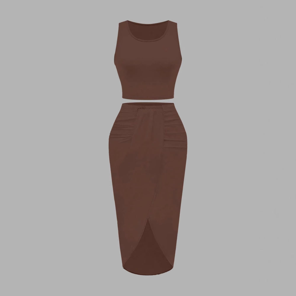 Amazon fashion cross-border women's sleeveless short tops + slit skirt two-piece suit