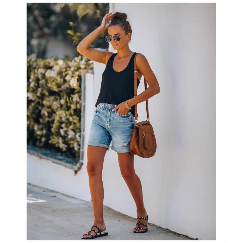 European and american clothing cross-border trade  new arrivalelegantcasual independent station ripped and rolled five-point denim shorts