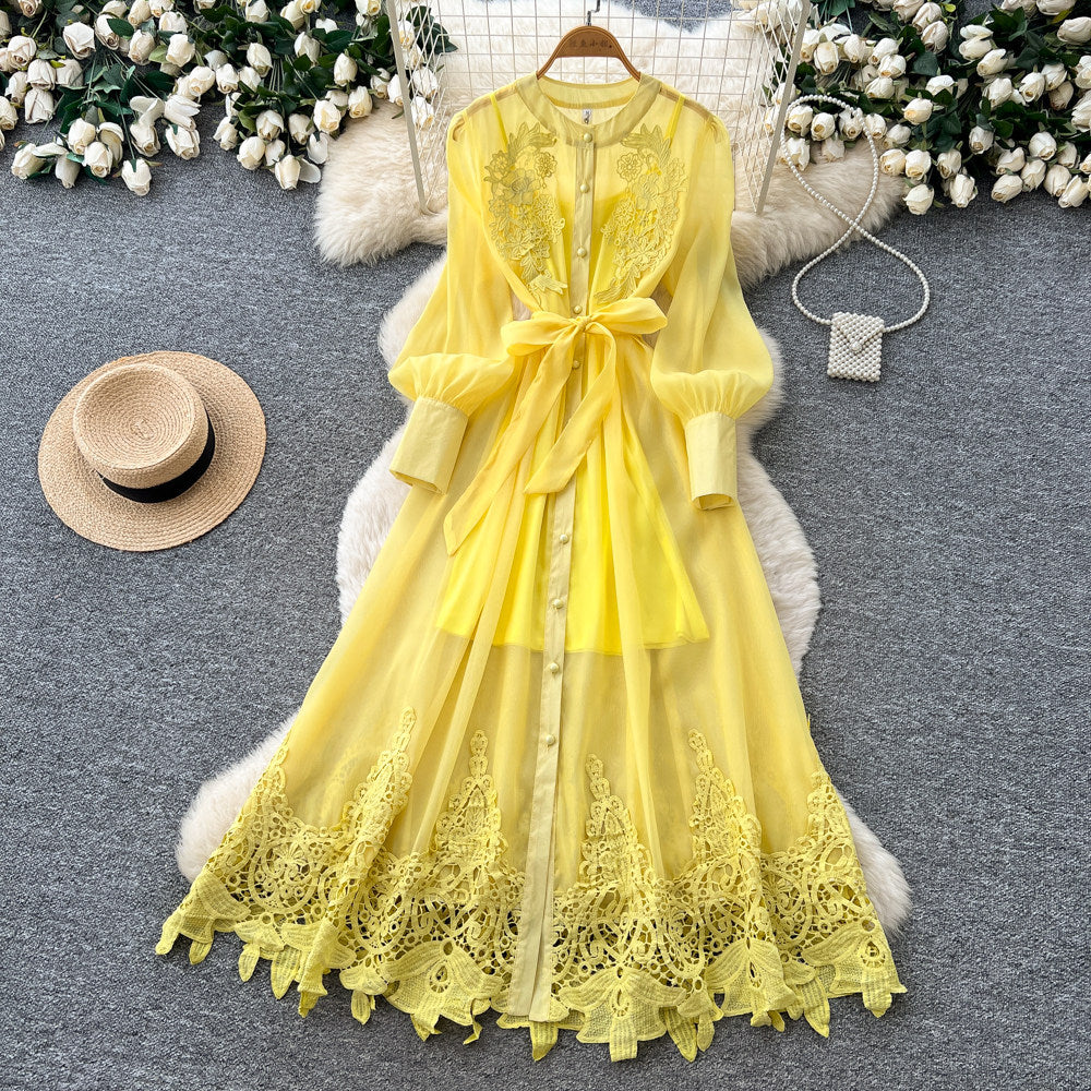 K-style heavy industry embroidercut outdress women's summerlong sleeves waist slimming lookwork clothingelegant yellow a-line skirt