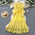K-style heavy industry embroidercut outdress women's summerlong sleeves waist slimming lookwork clothingelegant yellow a-line skirt