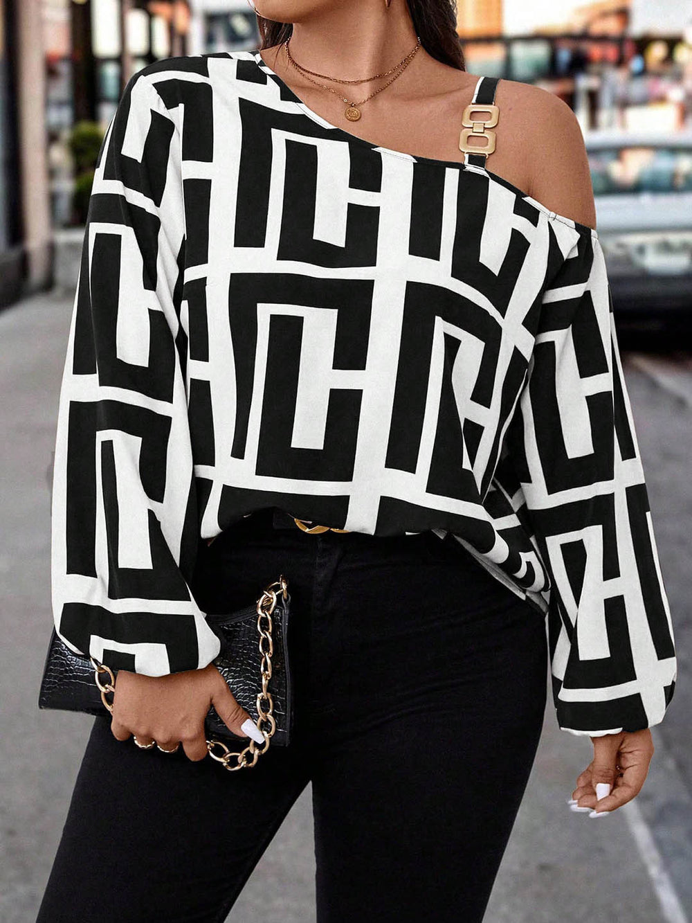 plus size retro print shirt - asymmetrical off-the-shoulder metal buckle cami with maze pattern oversized top