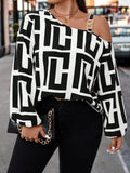 plus size retro print shirt - asymmetrical off-the-shoulder metal buckle cami with maze pattern oversized top