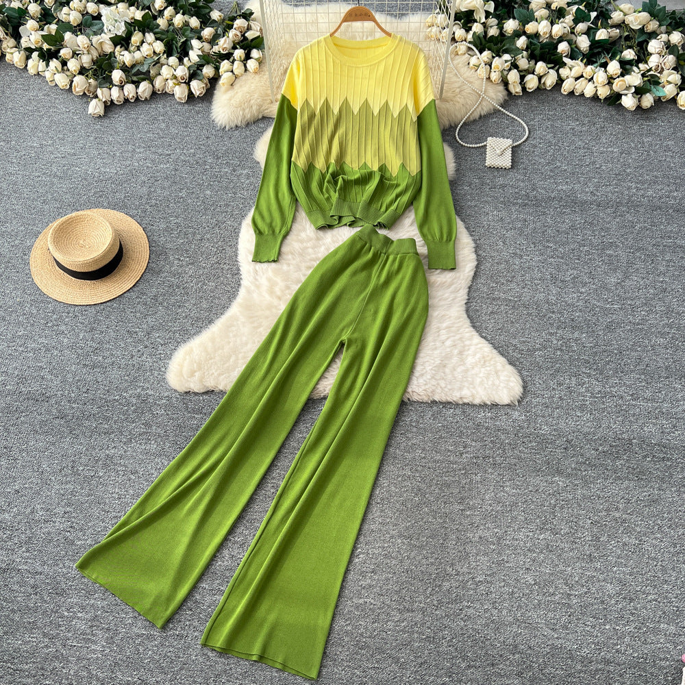 Korean style casual fashion color block crew neck long sleeve knit top women's autumn/winter high waist slimming wide leg pants sweater set
