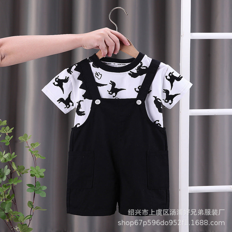 Kids' overalls set - boys' summer short-sleeve outfit: all-over dinosaur print crewneck tee + shorts 2-piece set