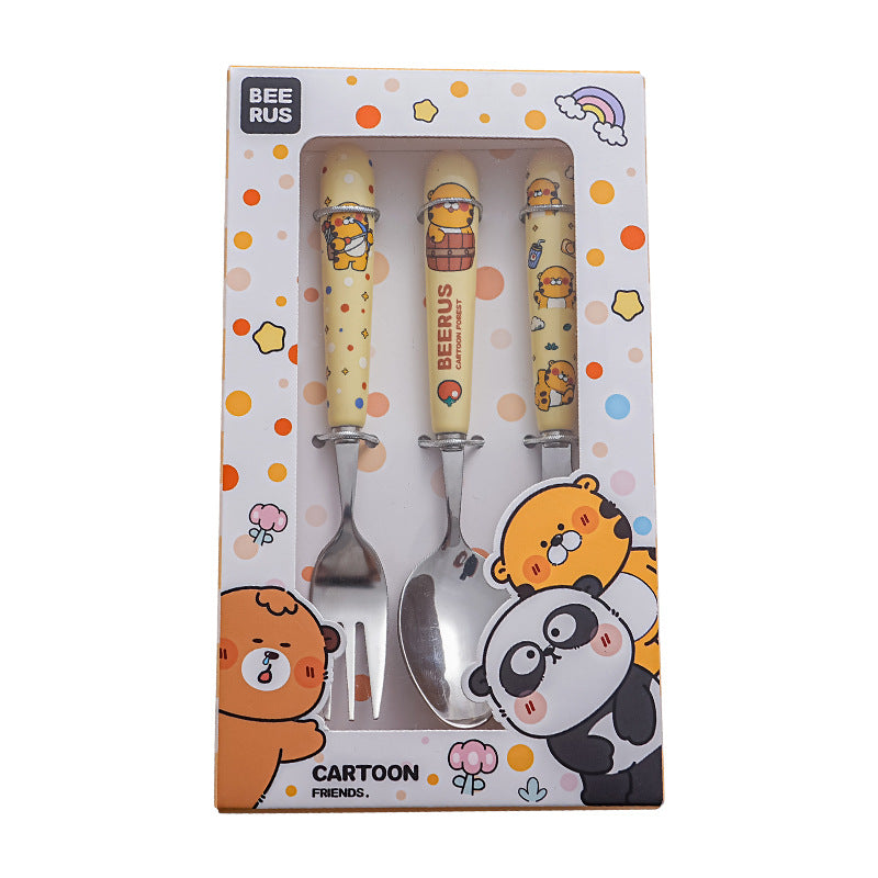 Color boxed portable spoon, cute fork for elementary school students, 304 stainless steel cutlery three-piece set, diy combinable, ready stock