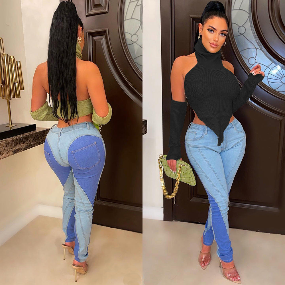 European and american cross-border women's fashion  autumn/winter new sexy hot girl high neck asymmetrical vest knitted sweater top