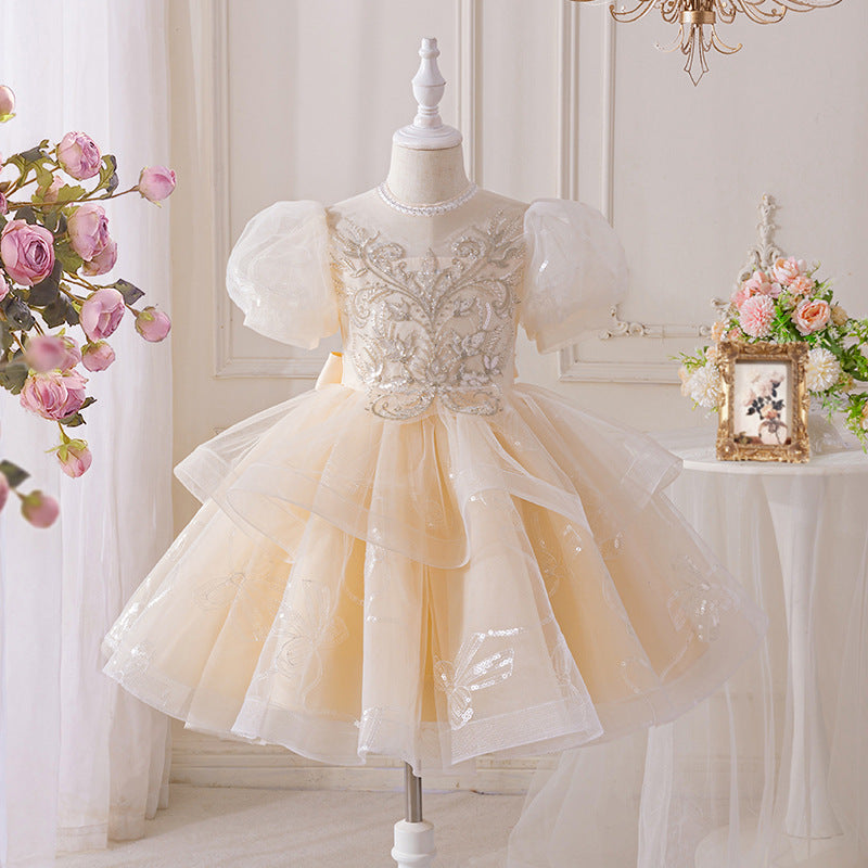 Girls' dresses flower girl wedding dresses tulle skirts children's day performance costumes hostess piano recital mid-length kids' princess dresses