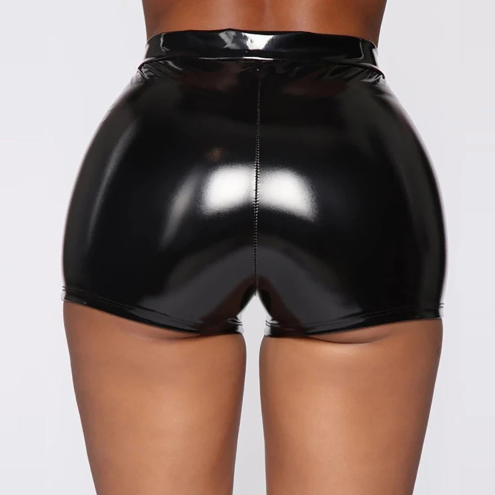 819 #New European and American Sexy Skinny Elastic PU Bright Leather High Waist Shorts Women's Plus Size Casual Shorts Yamaxun