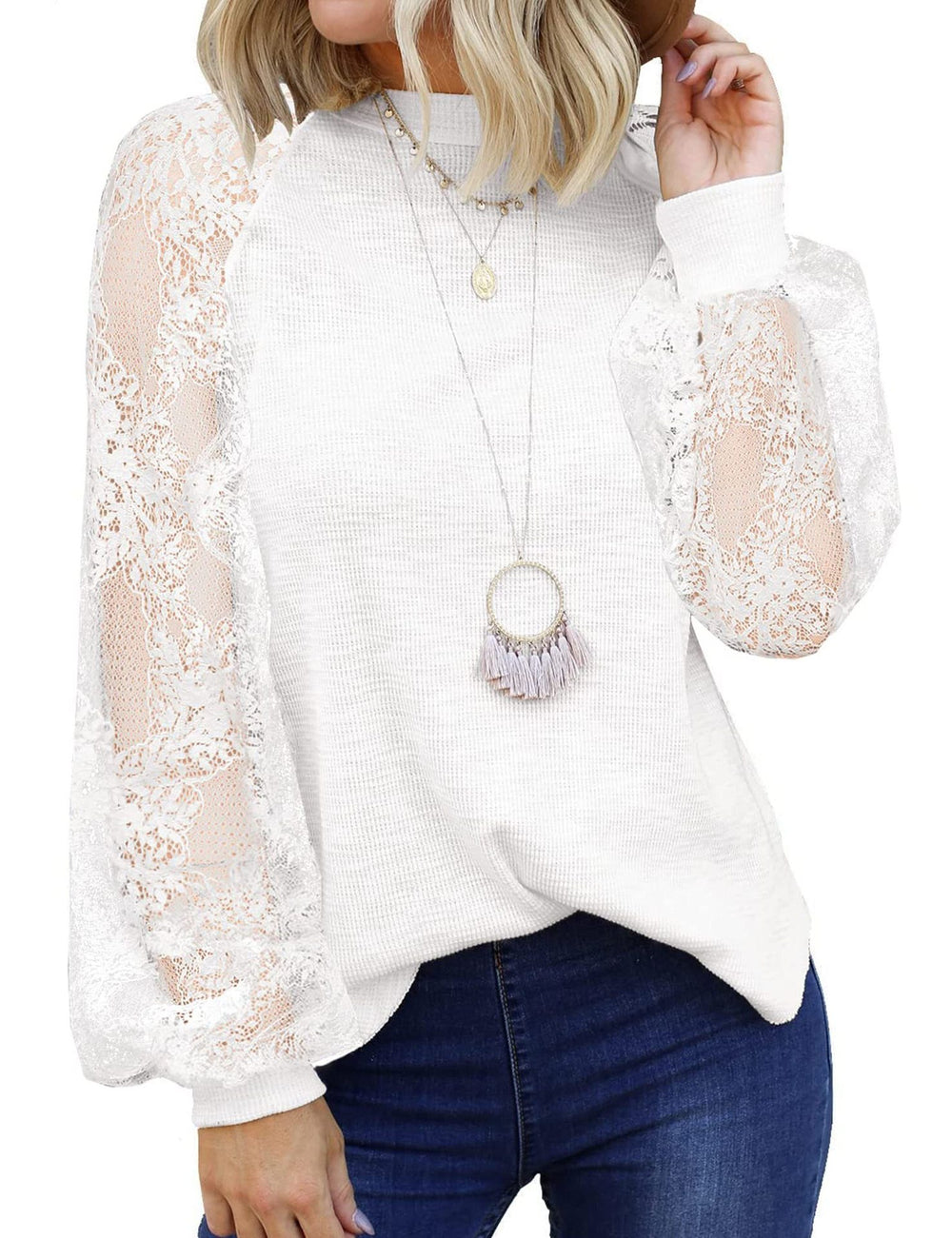 european and american export  new women's long-sleeve lace casual loose t-shirt top