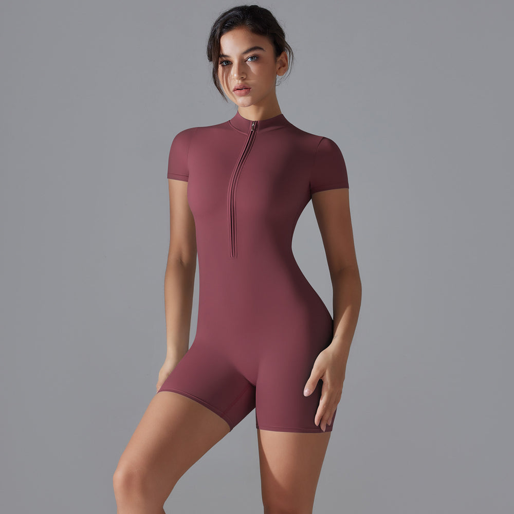 Naked all-in-one style yoga clothes half-open zipper short-sleeved fitness jumpsuit tight sports jumpsuit processing personalized