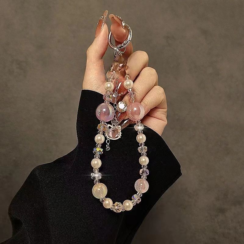 Creative mobile phone hanging chain pendant cat tassel accessible luxuryshort fairy pearl crystal satchel chain mobile phone case lanyard