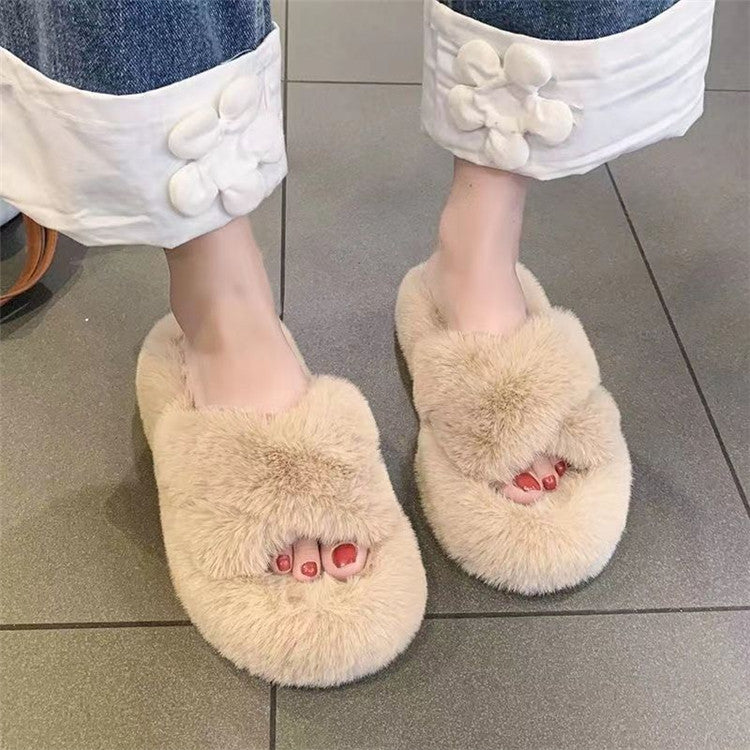 Fall and winter 2023new arrival fur slippers women's fashionoutwearstuffedthick sole slippers k-style cross strap home cotton slippers