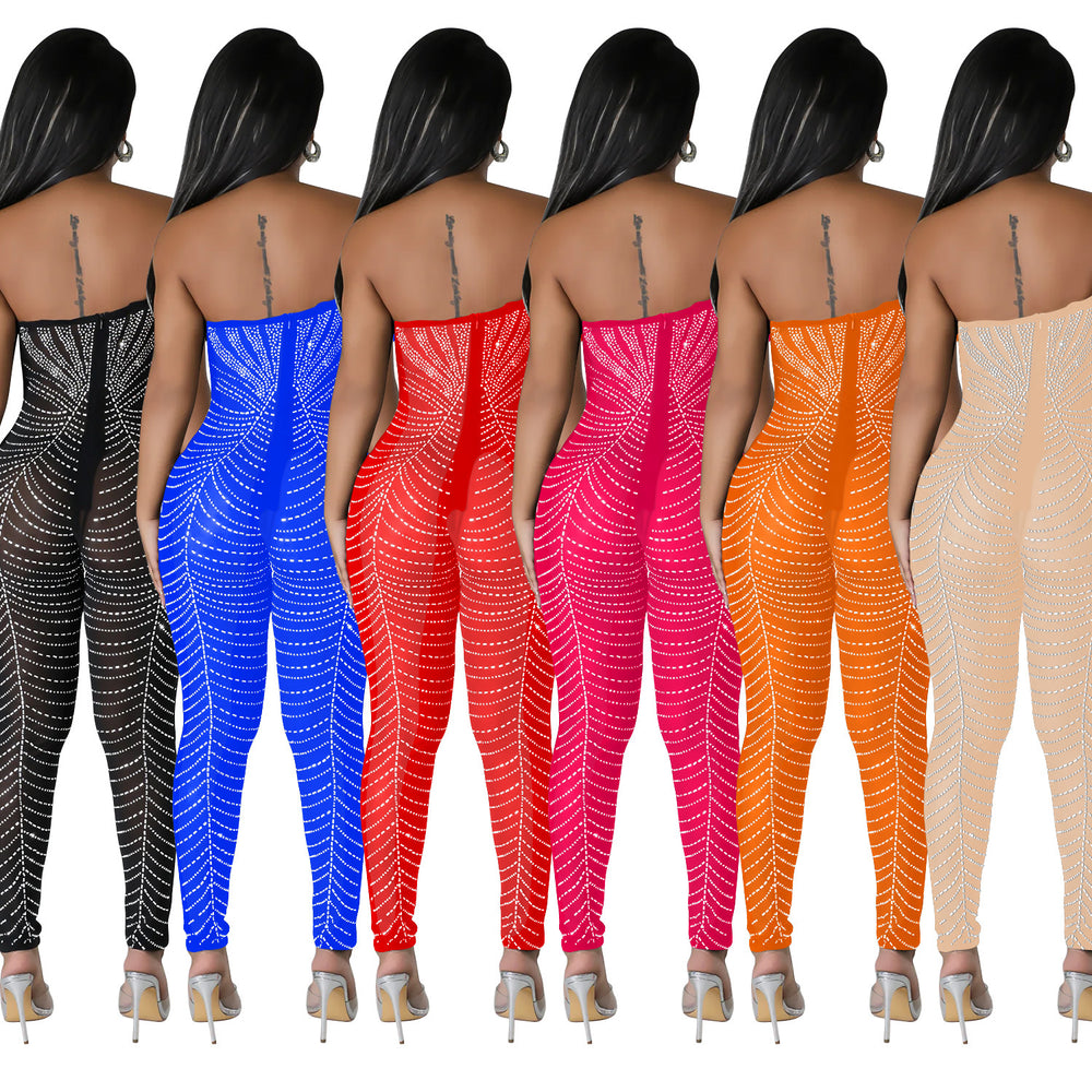C6735 cross-border   fashion women's solid color sexy mesh rhinestone hot pants jumpsuit