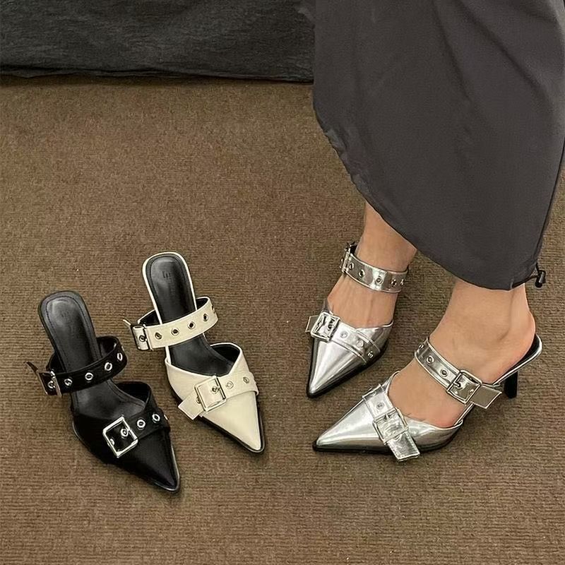 2025 summer pointed-toe stiletto heel fashion silver outdoor wear new closed-toe high-end buckle strap sandals for women