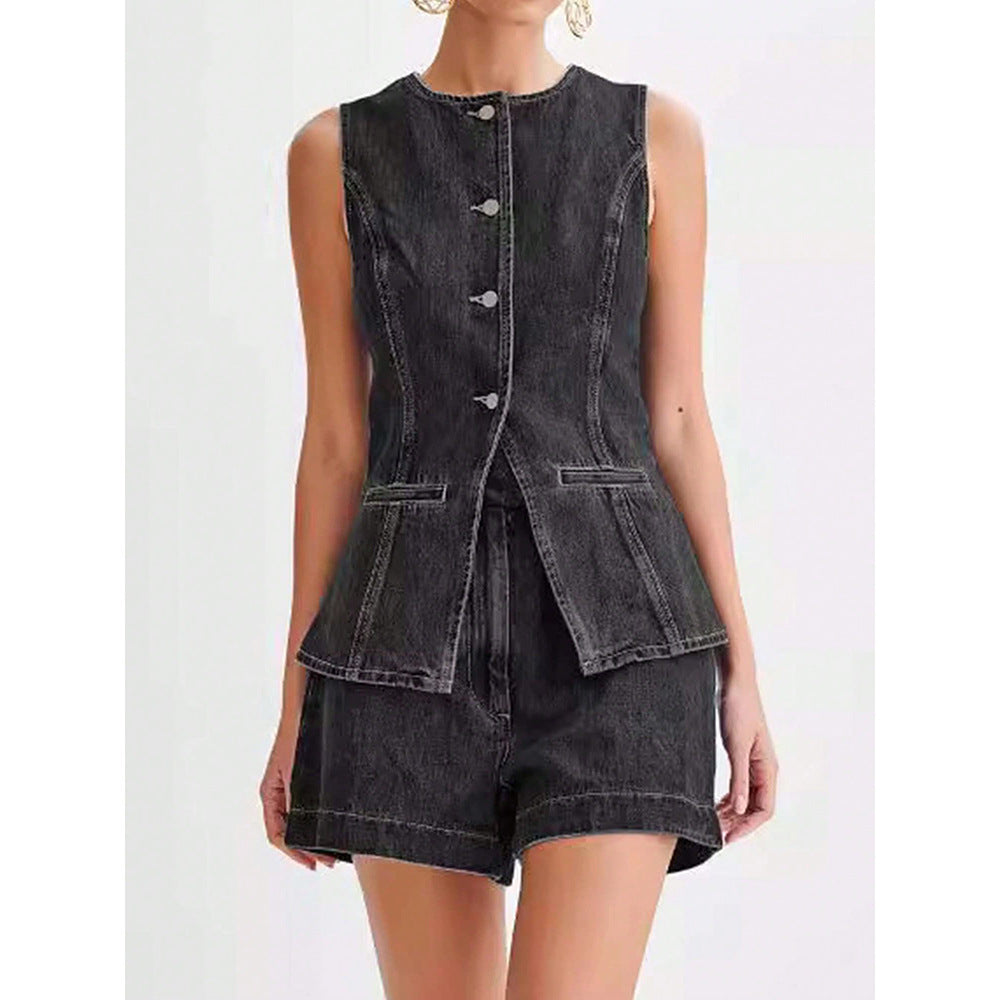 timu foreign trade hot-selling european and american trendy denim sleeveless top and shorts set, ready stock dropshipping wholesale set