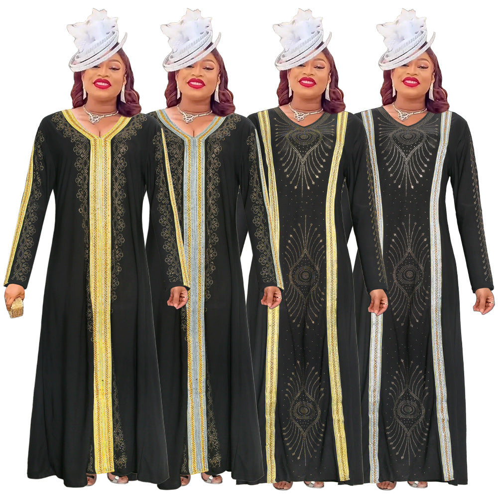 African  spring women's clothing   gold embroidery hotfix rhinestone beaded v-neck dress