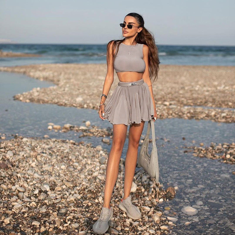 new european and american style women's fashion vacation outfit: sexy backless tank top and midi skirt casual two-piece set