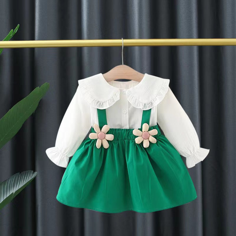 New autumn collection: girls' white blouse + suspender skirt two-piece set - little girl's long-sleeve dress outfit