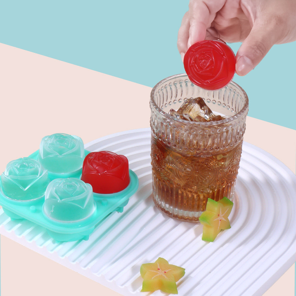 Food grade silicone integrated 4 rose ice grid small size silicone ice whiskey Ice Hockey silicone mold