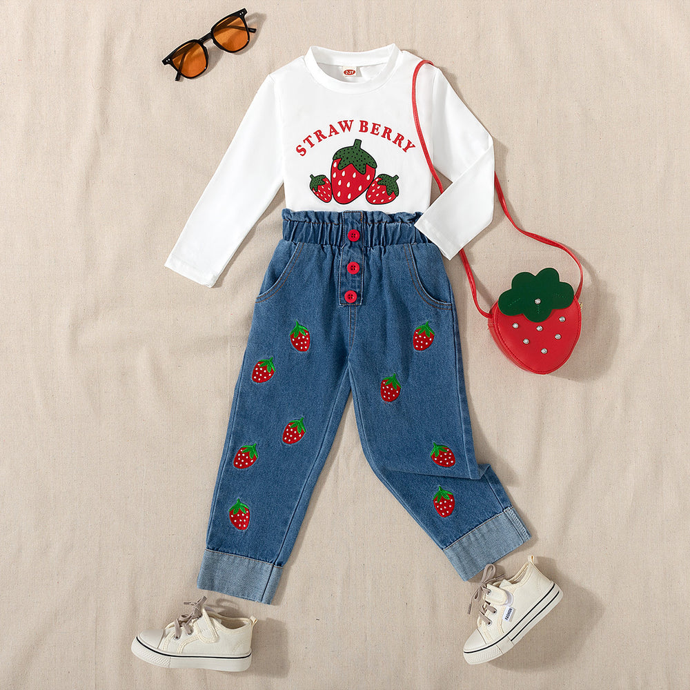 new autumn cross-border baby & toddler cute strawberry print top + embroidered denim maxi skirt with bag 3-piece set