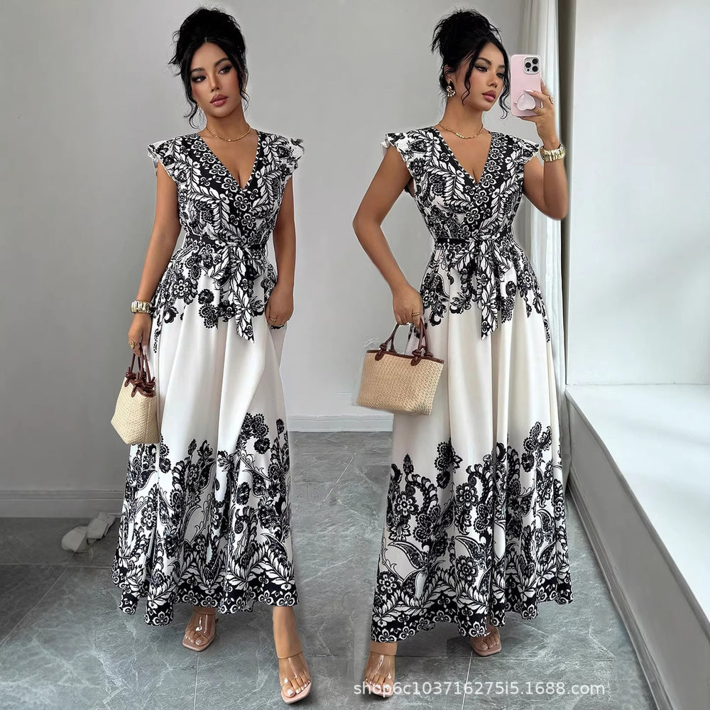 European and american cross-border  summer new arrival: vintage-inspired elegant printed flutter sleeve maxi dress