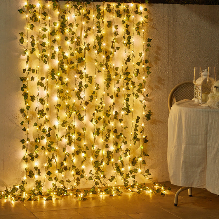 Green leaf rattan curtain light led plant leaf lights flashing lights string wedding live broadcast background string lights  wholesale