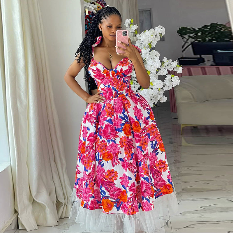 European and american women's clothing  summer new sweet and fresh bow high-waisted mesh patchwork a-line maxi dress