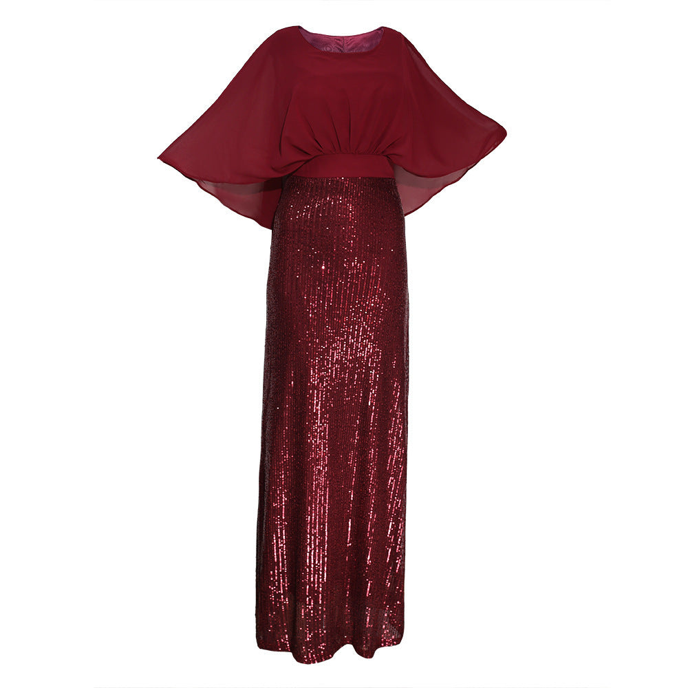 Kayat cross-border supply: african women's clothing - heavily beaded sequin patchwork chiffon batwing sleeve evening gown dress