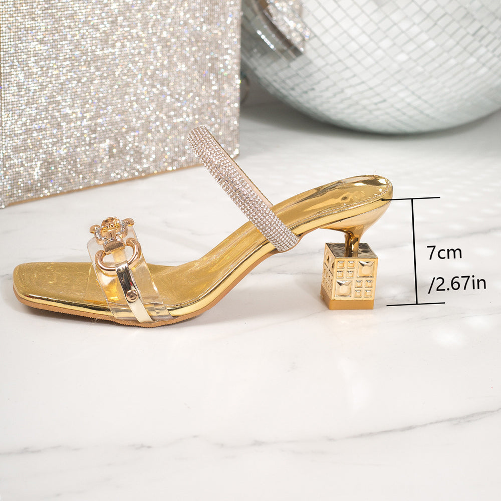 Summerplus sizemouth rhinestone high heel slippers 2026new arrival special-shaped heel cross-border fashion one-line sandals for women