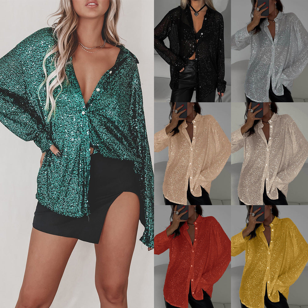 spring/summer new european and american style sequin top, collared long sleeve cardigan, basic cross-border women's blouse jacket