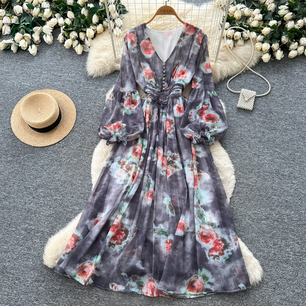 French chic floral print dress - women's v-neck puff sleeve, slimming waist, elegant maxi dress - perfect for vacation