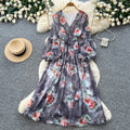 French chic floral print dress - women's v-neck puff sleeve, slimming waist, elegant maxi dress - perfect for vacation