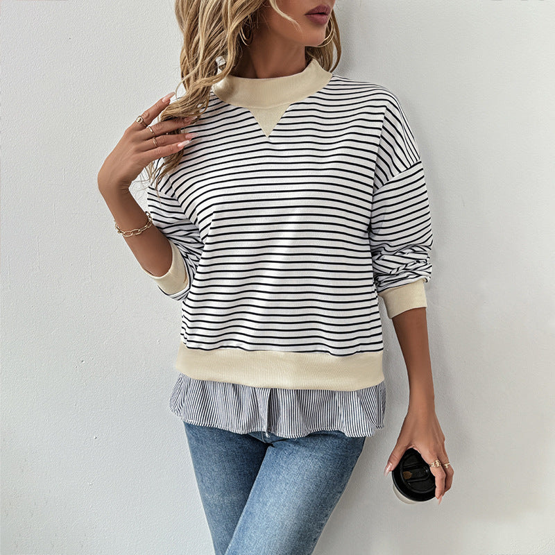 European and American  2025 new  versatile casual dating commuter semi-turtleneck loose striped fake two-piece sweater