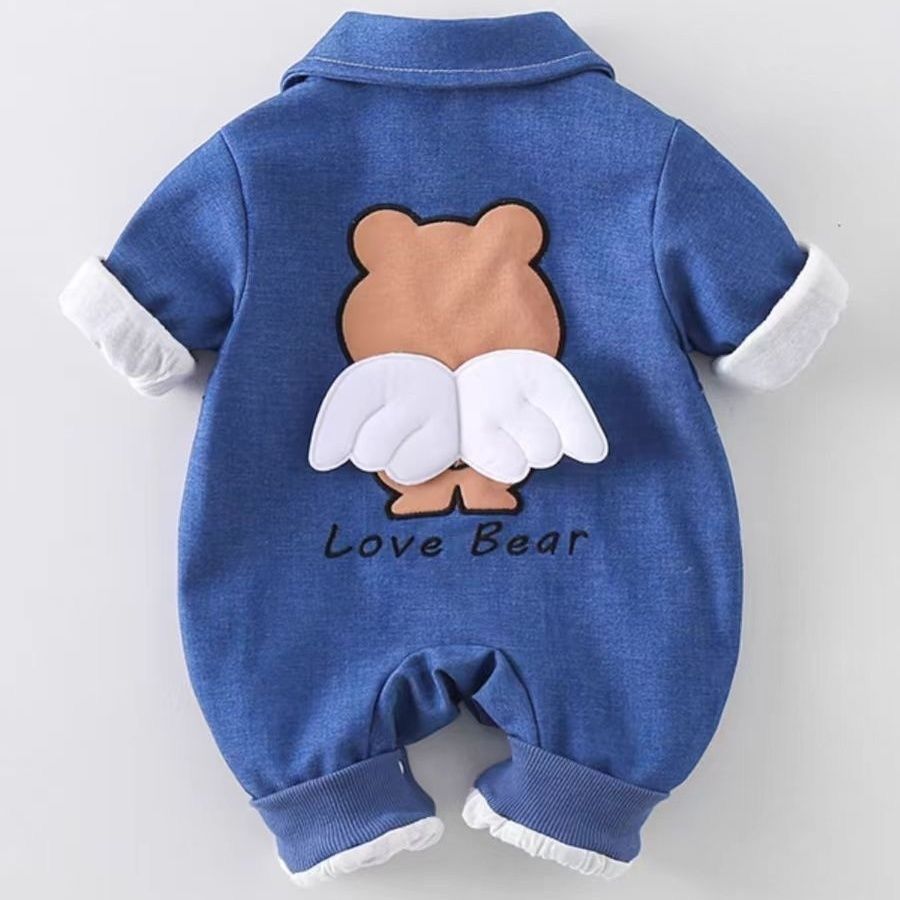 K-style khaki men's and women's baby denim baby jumpsuit rompers, long sleeves, spring & fall, cute clothes, trendy