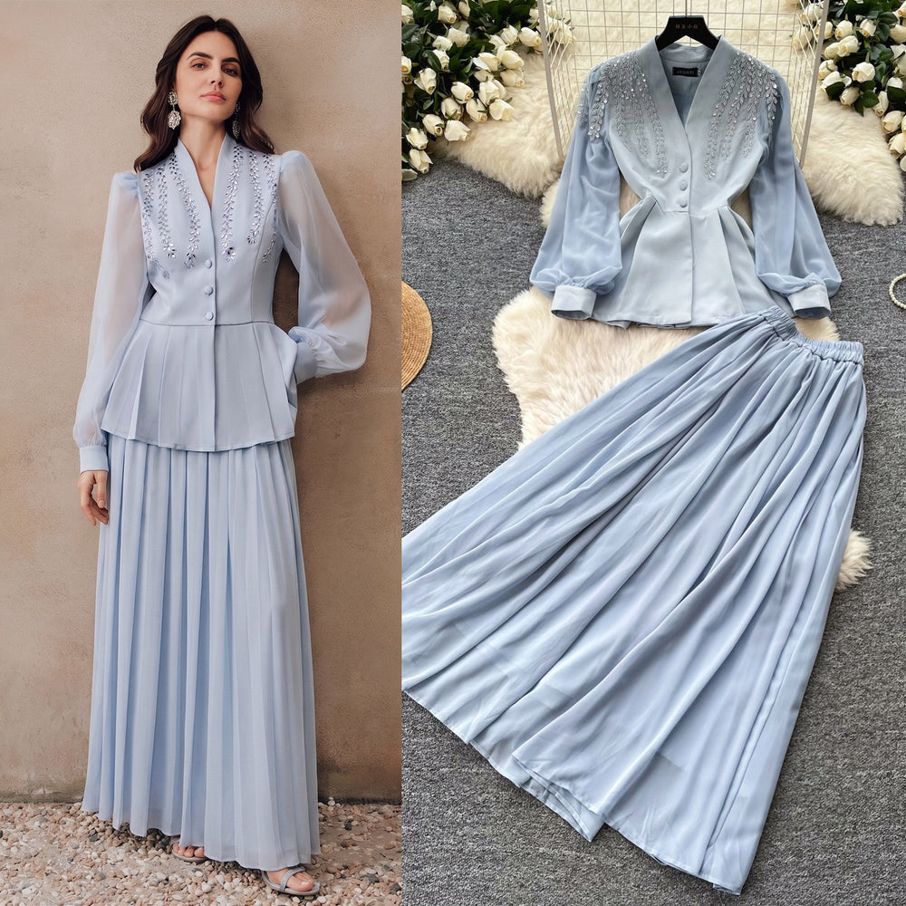 French chic v-neck embroidered jacket & high-waisted pleated skirt two-piece set - autumn , effortless luxury & elegant style