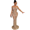 C6198   fashion women's solid color mesh see-through rhinestone long sleeve maxi dress