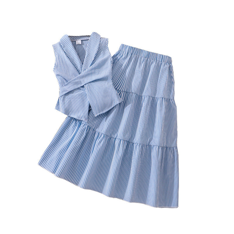 fashion children's clothing 26summernew arrivalstripes sleeveless waist slimming lookshirt skirtexportgirlsuit