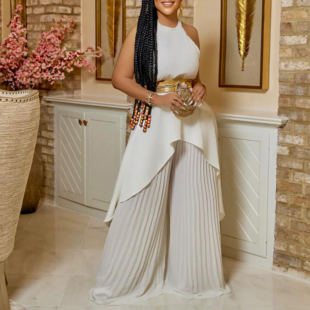 C8534p with belt cross-border summer fashion two-piece sleeveless backless asymmetrical long skirt wide-leg pants european and american suit