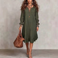 Women's vacation-ready slip dress: relaxed fit, v-neck, slit hem, ruffle trim, midi length - wholesale available