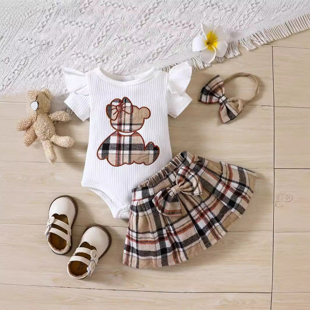 ins newborn infant baby girl summer style bear appliqué embroidered bodysuit triangle romper plaid butterfly