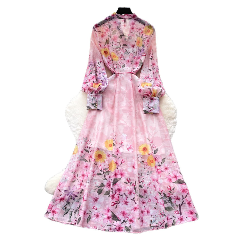 French romantic style printed slim-fit dress - women's long sleeve v-neck tie-waist maxi dress - vacation ready