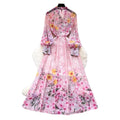 French romantic style printed slim-fit dress - women's long sleeve v-neck tie-waist maxi dress - vacation ready