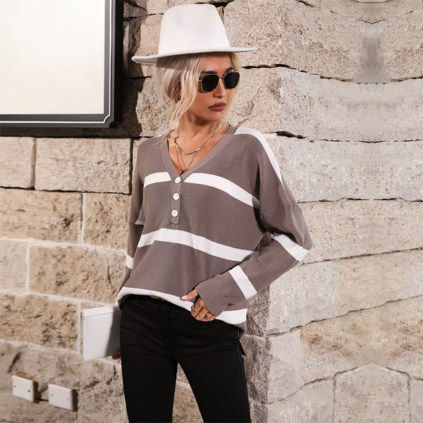 Independent Station Foreign Trade Wholesale 2023 Autumn New European and American Women's Cross-border Striped V-Neck Pullover Sweater