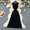 Frenchaccessible luxury celebrity heavy industry beading round neck sleeveless dress women's summer waist elegant knitting vest long skirt
