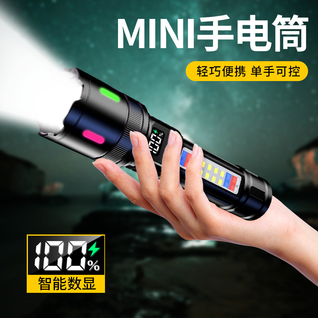 Cross-border new LED side light rechargeable multi-function outdoor portable red and blue warning light high-power strong light flashlight