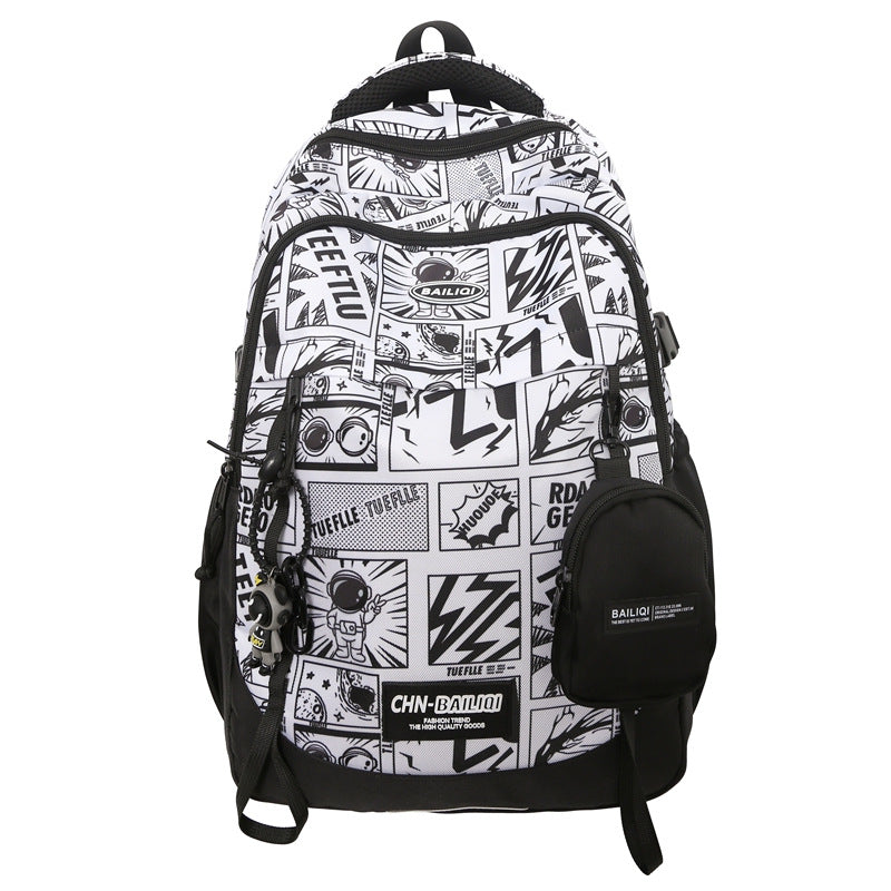 New large-capacity backpack, animation pattern graffiti, student schoolbag, trendy casual backpack, commuter bag, men's and women's models