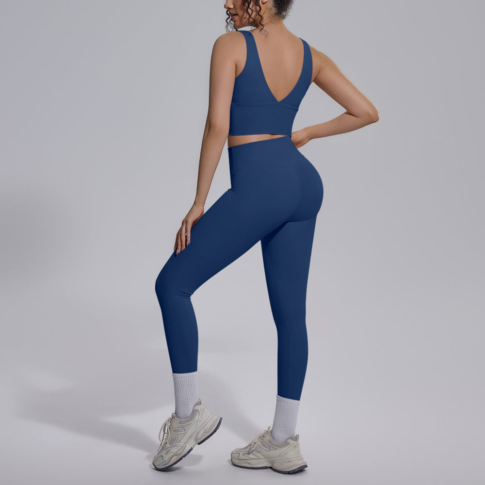 pure color double-sided brocade v-shaped beautiful back breathable tight-fitting yoga suit sports running fitness two-piece set for women